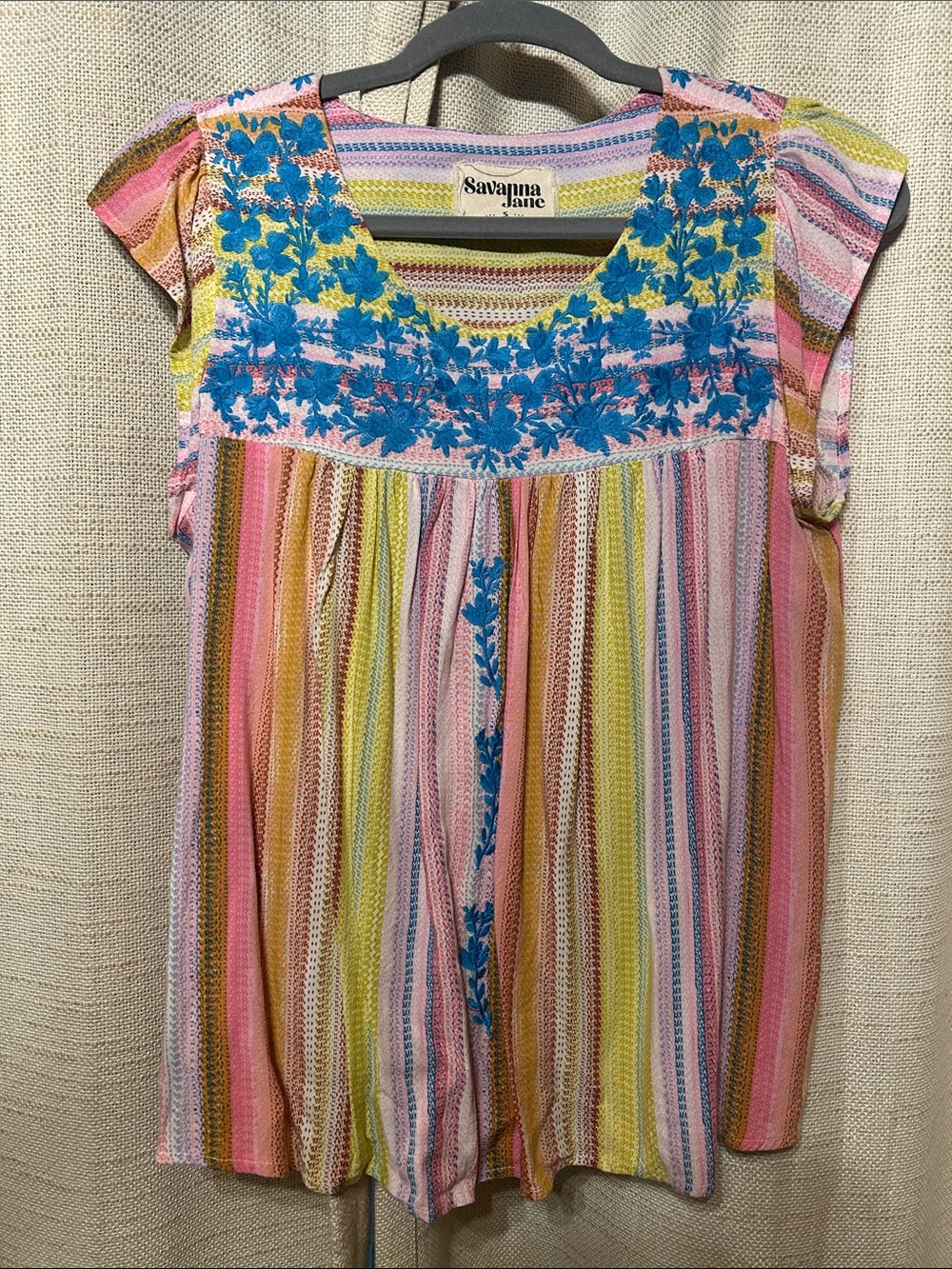 Savanna Jane Multicolor Striped Dress with Bright Blue Floral Yoke